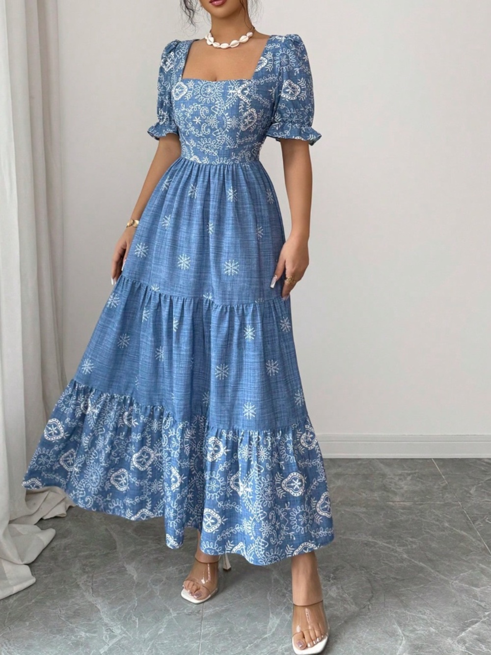 Boho All over print Sauare neck Puff Sleeve Ruffle Hem dress - Picture 2 of 8